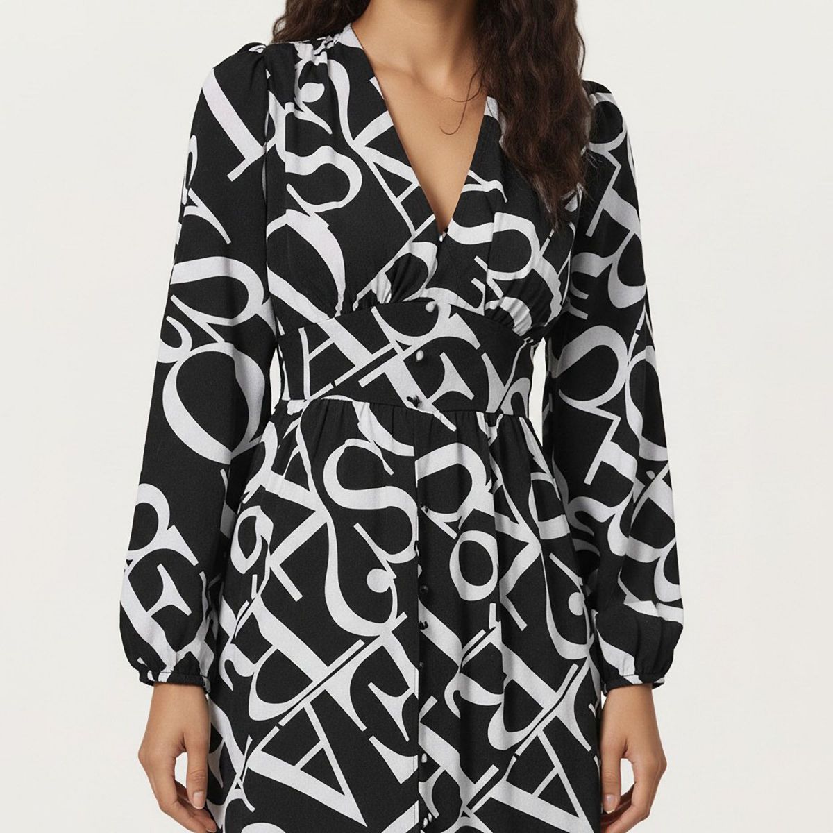 Anna-Kaci Women's Black and White Abstract Logo Print Long Sleeve Wrap Dress with Belt and Asymmetrical Hem - thumbnail 4