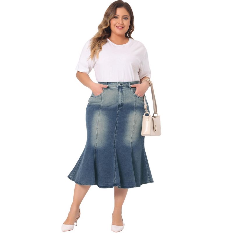Agnes Orinda Women's Plus Size Elegant High Waist Pockets Mermaid Midi Bodycon Jean Skirts, 3 of 5
