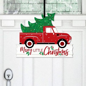 Big Dot of Happiness Merry Little Christmas Tree - Hanging Porch Red Truck Christmas Party Outdoor Decorations - Front Door Decor - 1 Piece Sign - 1 of 4