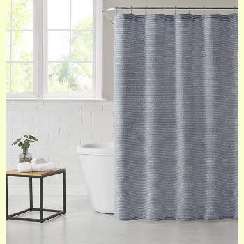 Piña & Sardinia Home Logan Poly Cotton Textured Spa Blue And White Fabric Shower Curtain - Standard Size