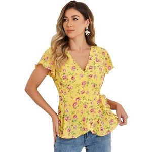 Allegra K Women's Floral Printed V Neck Short Sleeve Tie Waist Wrap Blouse - 1 of 4