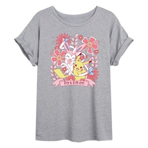 Women's - Pokémon - Valentine Florals Pikachu Sylveon Oversized Graphic T-Shirt - 1 of 4