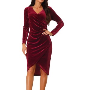 Seta T Women's Cocktail Party Wrap V-Neck Elegant Long Sleeve Velvet Ruched Midi Bodycon Dress - 1 of 4