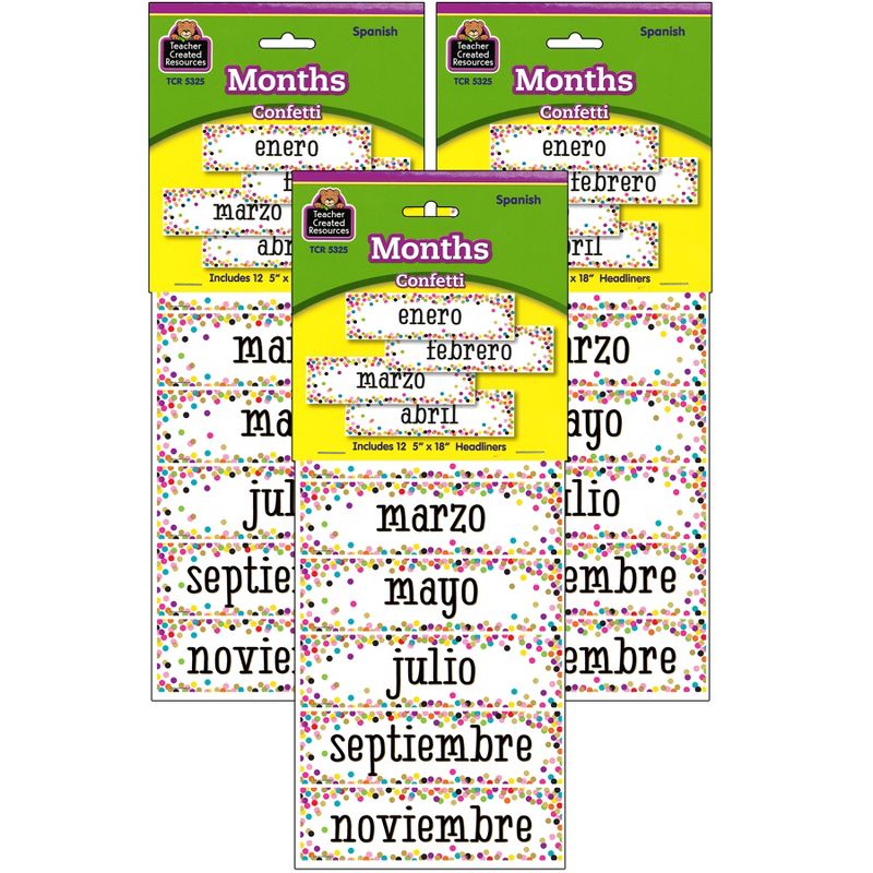 Teacher Created Resources® Confetti Spanish Monthly Headliners, 12 Per Pack, 3 Packs, 1 of 3