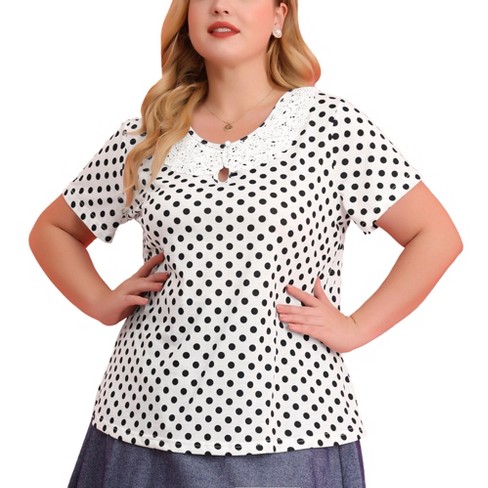 Allegra K Women's Polka Dots Stand Collar Pleat Keyhole Back Short Flare  Sleeve Tops White Black Small