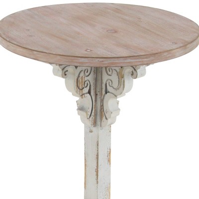 White and Beige Carved Wood Round Accent Table