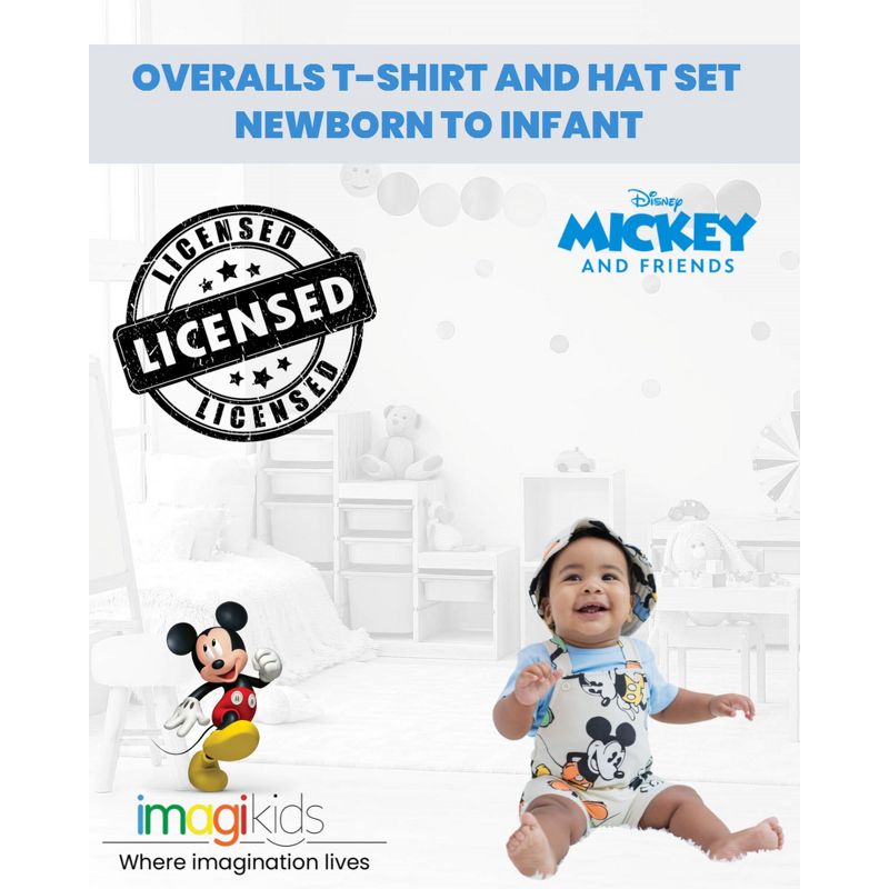Disney Mickey Mouse Baby French Terry Short Overalls T-Shirt and Hat 3 Piece Outfit Set Newborn to Infant, 2 of 12