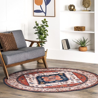 6' Round Red and Blue Oriental Synthetic Area Rug
