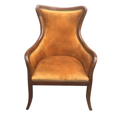 Curved Back Fabric Arm Upholstered Wooden Accent Chair Brown/Orange - The Urban Port