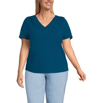 Lands' End Women's Short Sleeve Lightweight Jersey Gathered Shoulder T-Shirt