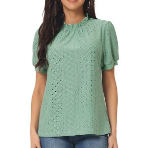 Seta T Women's Back Button Dressy Casual Ruffle Neck Summer Puff Sleeve Eyelet Tops - 1 of 4