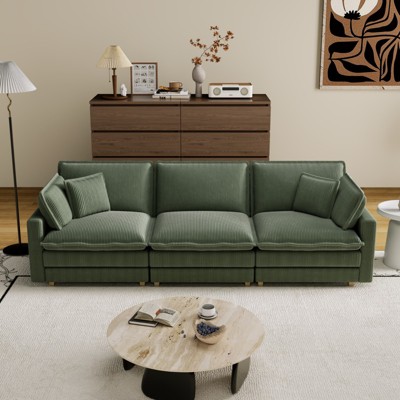 Loveseat/3-seat Sectional Sofa Features a Deep Seat 4 Pillows Corduroy Serpentine Springs Solid Wood Frame Removable Footstool for Living Rooms
