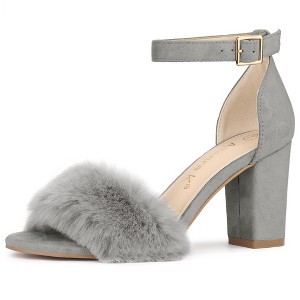 Allegra K Women's Faux Fur Buckle Closure Ankle Strap Block Heels Sandals - 1 of 4