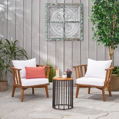 GDFStudio Blair Outdoor Acacia Wood 3 Piece Club Chair Chat Set with Cushions, Teak/White