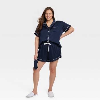 Women's 3pc Satin Short Sleeve Notch Collar Top and Shorts Pajama Set with Eye Mask - Stars Above™