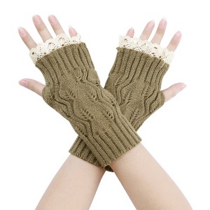 INSPIRE CHIC Women's Knit Lacework Wrist Thumb Hole Half Finger Sleeves Gloves for Christmas Windproof 1 Pair - 1 of 4