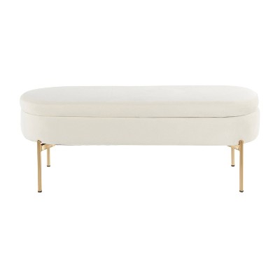 48" Chloe White Velvet Upholstered Storage Bench with Gold Base