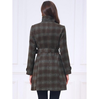 INSPIRE CHIC Women's Vintage Plaid Long Sleeve Stand Collar Belted Single Breasted Overcoat X-Small Brown — фото 3