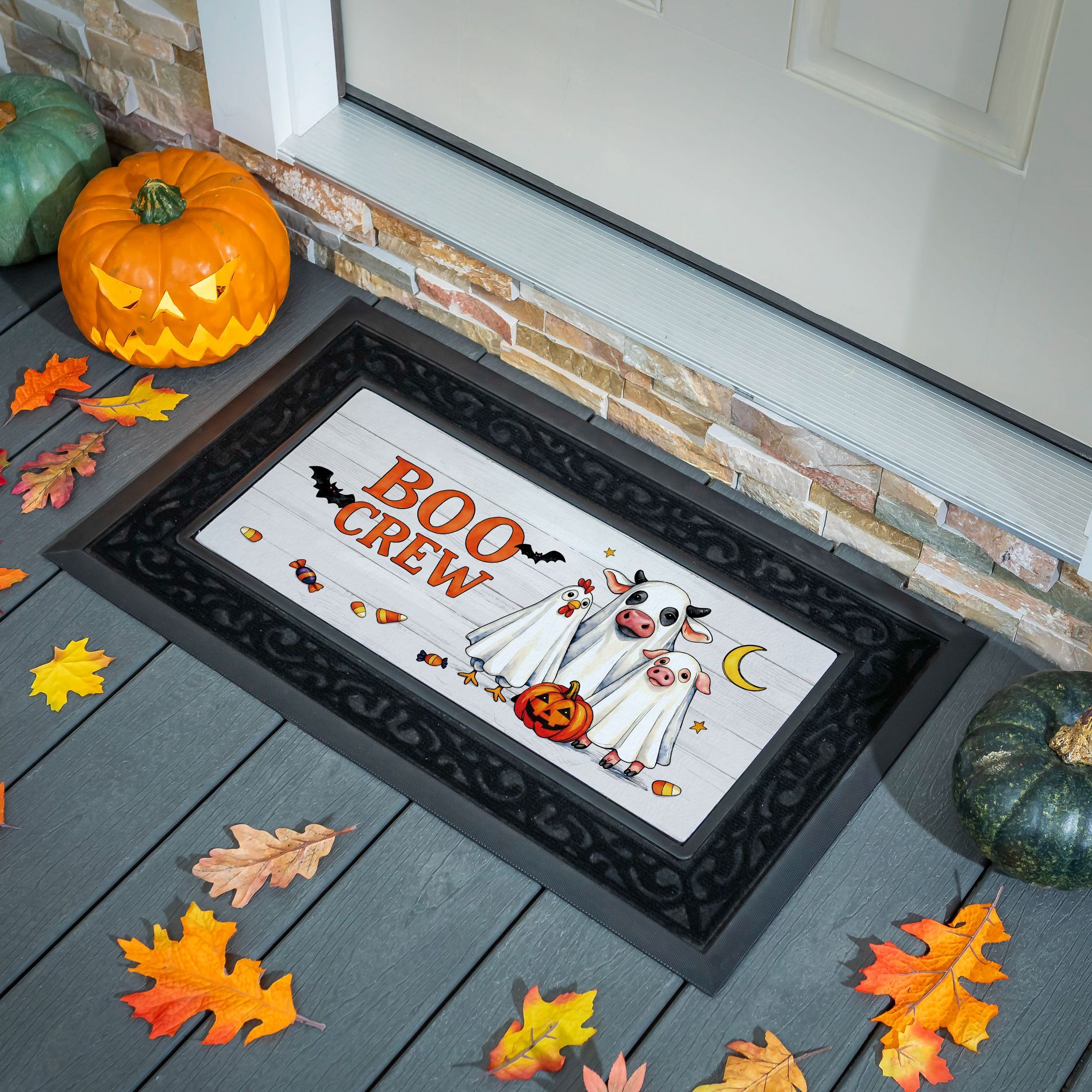 Evergreen Sassafras Halloween Ghost Animals "Boo Crew" Switch Mat Insert 22" X 10", Non-Slip Doormat Front Door Mat Outdoor And Indoor Entryway Rug