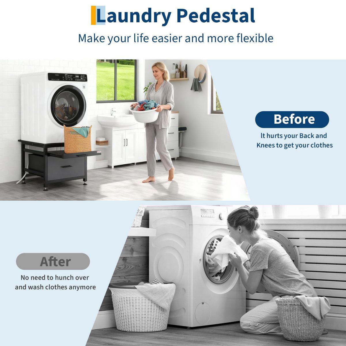 Heavy Duty Metal Washer and Dryer Pedestal Stand - Pullout Shelf & Storage Drawer, Global Anti-Vibration Riser, Adjustable Feet, 850 lbs - thumbnail 3