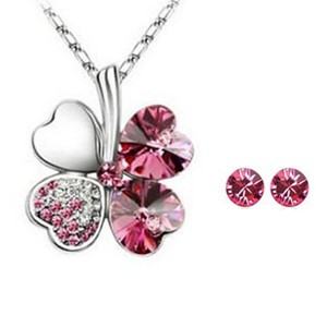 Gold Plated Crystal Heart Shaped Four Leaf Clover Pendant Necklace and Stud Earrings Jewelry Set - 1 of 1