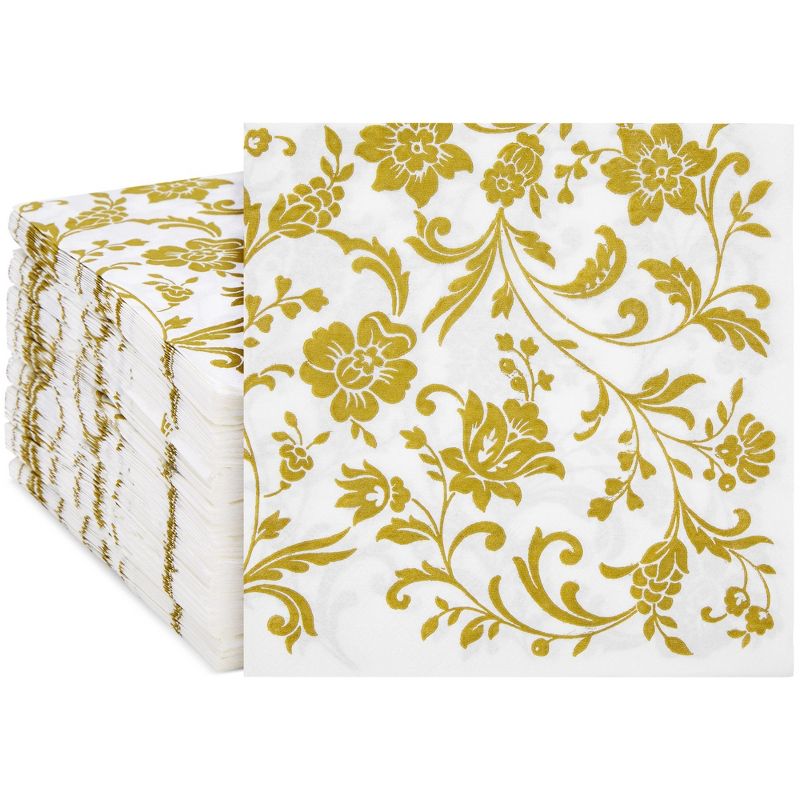 Blue Panda BLUE PANDA 100 Pack White & Gold Disposable Floral Paper Napkins, 6.5x6.5”, Napkins for Wedding, Birthday, Anniversary, 1 of 10