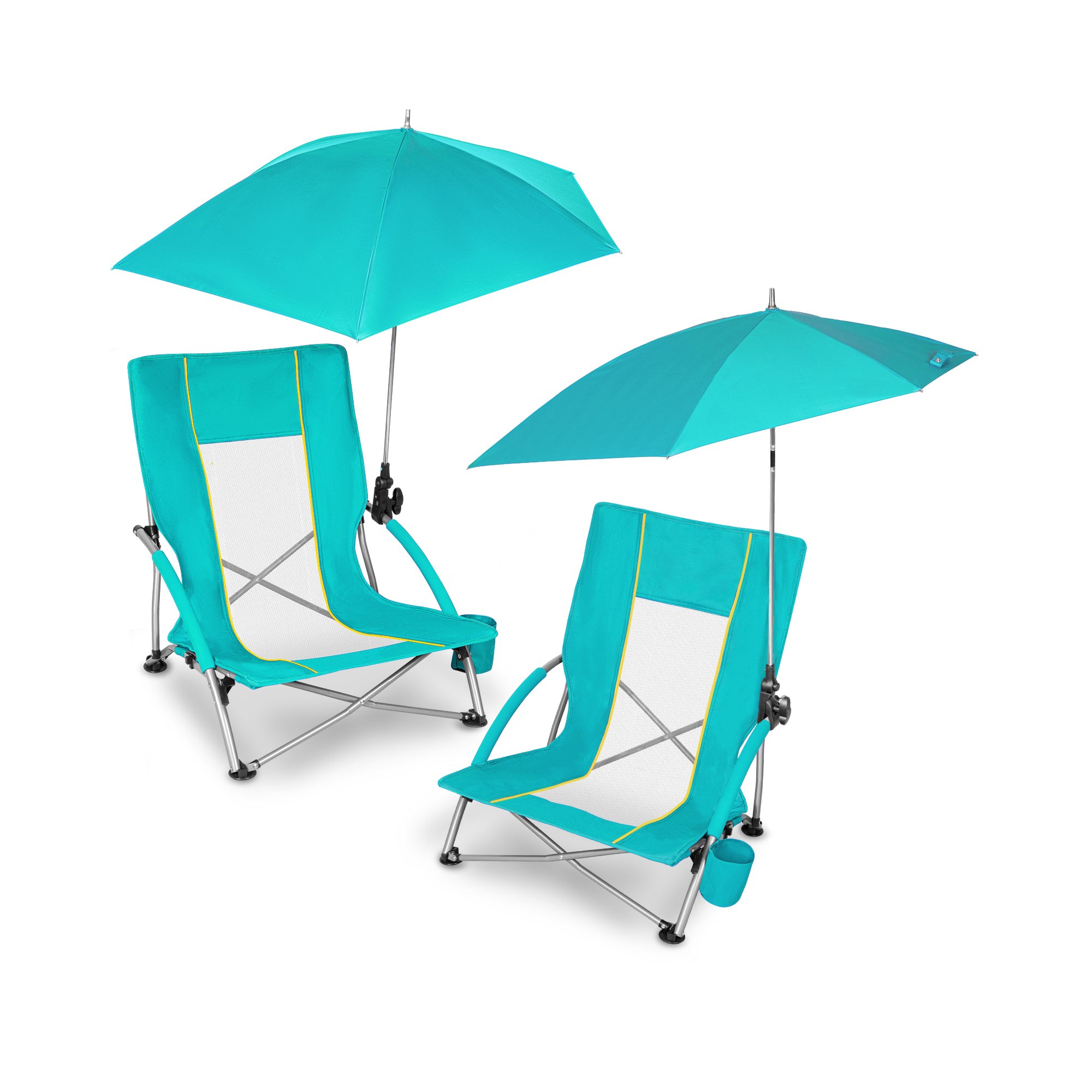 SUNSPIRE 2-Pack Beach Chair with Canopy Low Back Portable Folding Camping Chair with Cup Holder & Carry Bag for Outdoor Beach Picnic Travel Teal