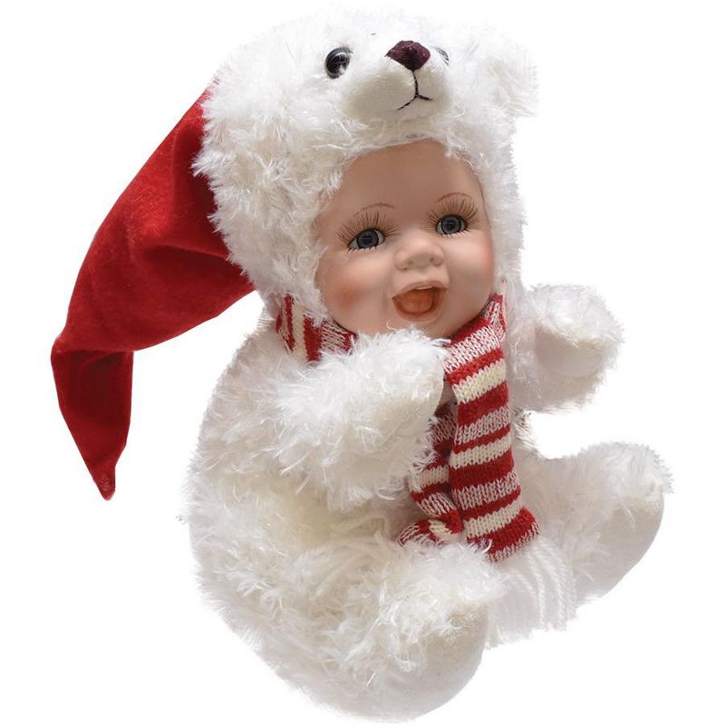 Northlight 8.5" White and Red Baby in Polar Bear Costume with Santa Hat Collectible Christmas Doll, 1 of 2