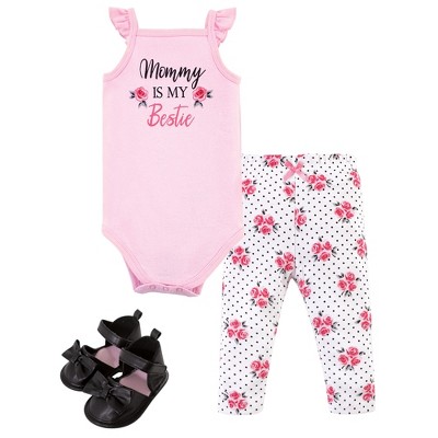 Image of Little Treasure Baby Girl Cotton Bodysuit, Pant and Shoe 3pc Set, Bestie, 0-3 Months