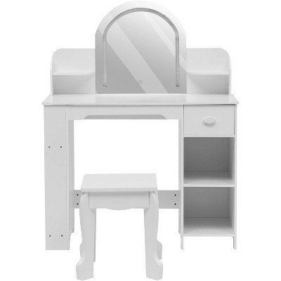Kids Vanity with Lighted Mirror & Stool, Little Girls Vanity with Adjustable LED Light, Bookshelf, Storage Drawer & Shelves for Girls