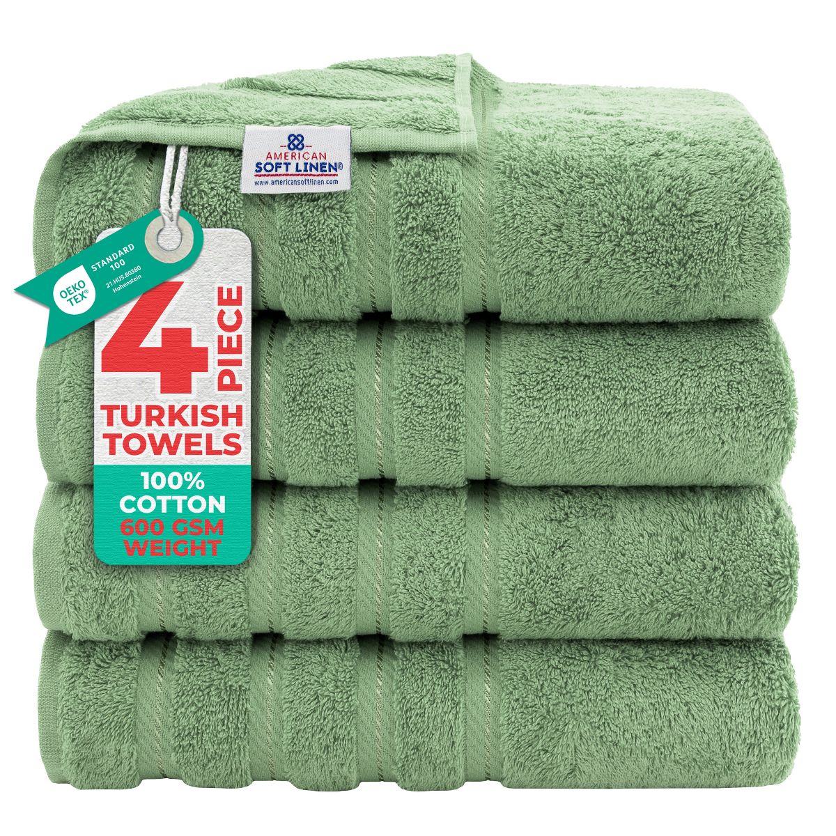 American Soft Linen 4 Pack Bath Towel Set, 100% Cotton, 27 inch by 54 inch Bath Towels for Bathroom, Sage Green