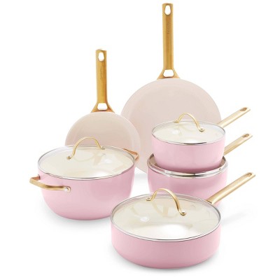 Blush Pink Ceramic Nonstick 10-Piece Cookware Set with Gold Handles
