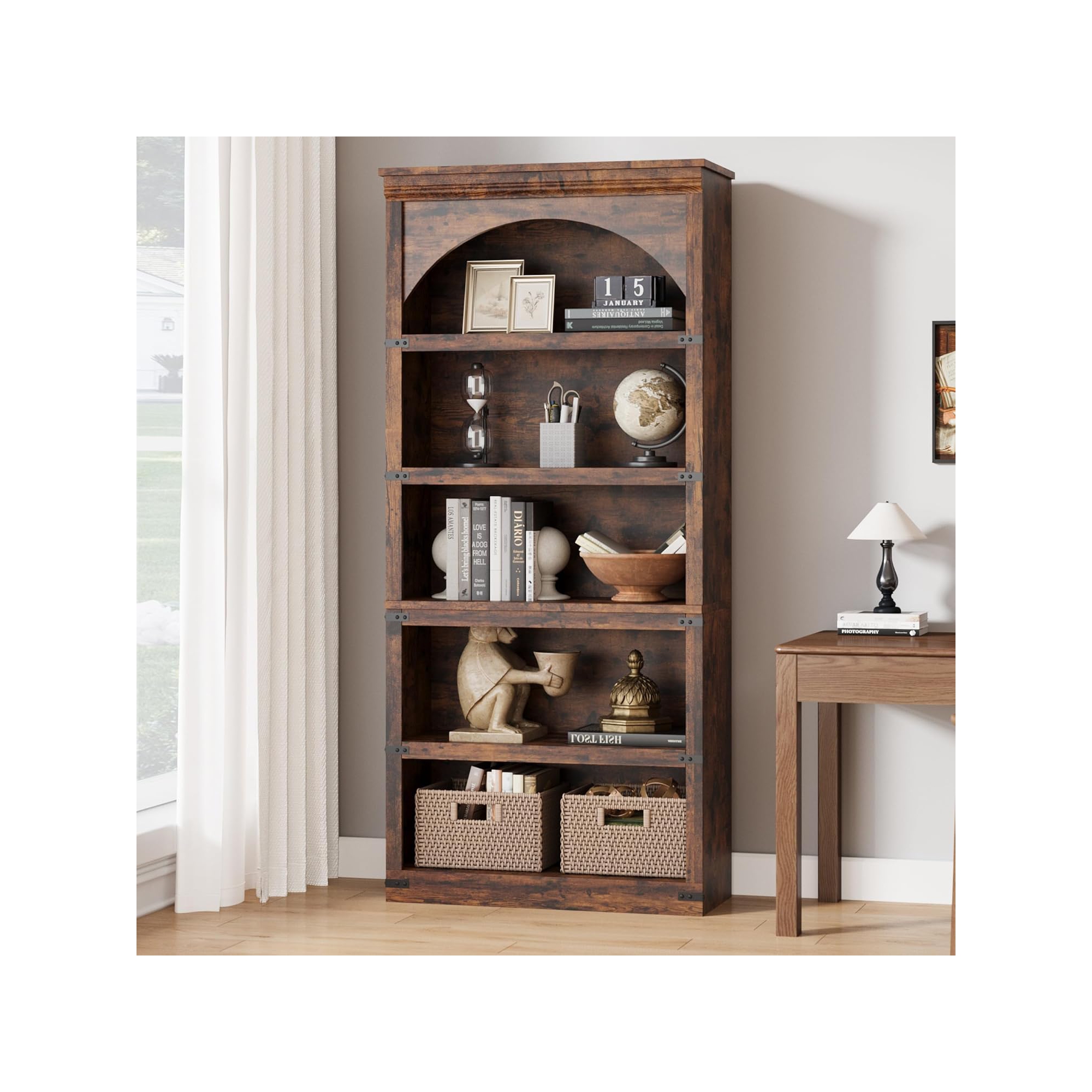 5 Tier 68.7" Farmhouse Arched Bookcase, Tall Bookshelf Arch Design, Wooden Arch Bookshelf,Rustic Vintage Book Shelf for Living Room Office Library