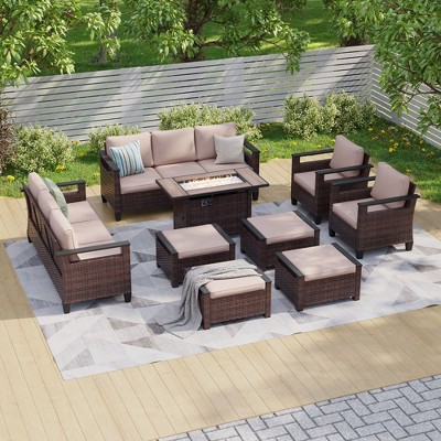 Sonkuki 9 Pieces Patio Sofa with Rectangle Fire Pit Table and Ottomans, Patio Conversation Couch with Cushion