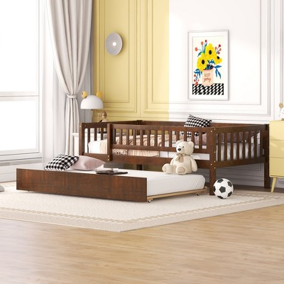 ALEXOUN Twin Size Daybed with Trundle and Fence Guardrails,Wood Day Bed Frame with Backrest and Armrest,No Box Spring Needed