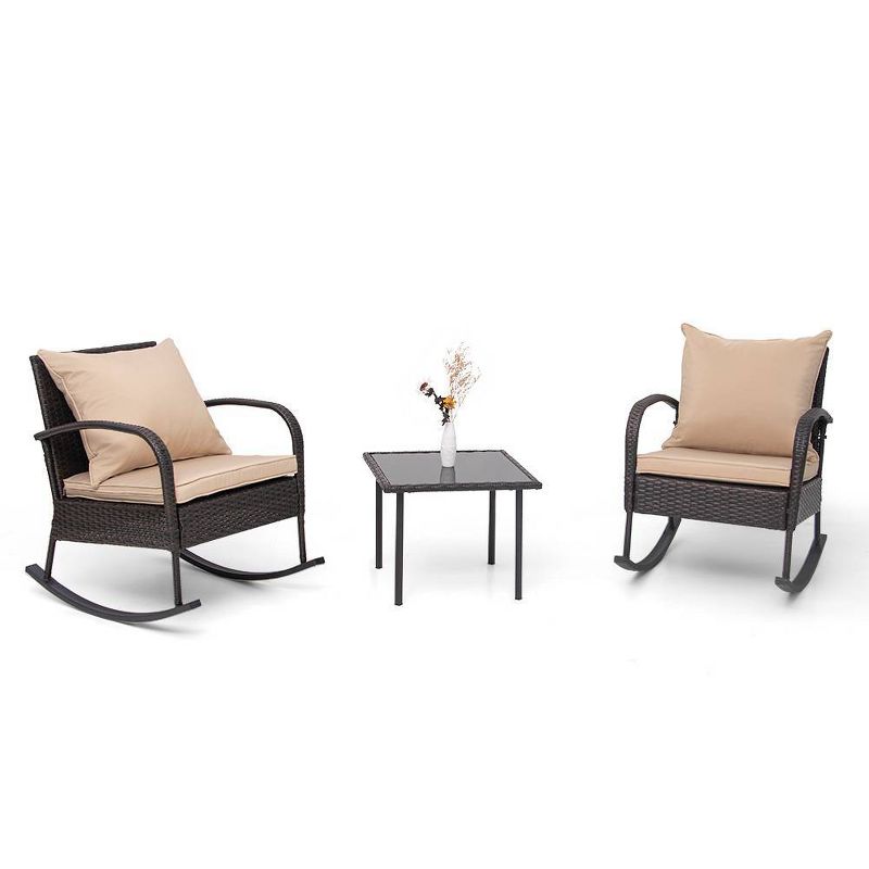 3pc Outdoor Wicker Rattan Rocking Chairs with Glass Top Table - Tan - Crestlive Products, 2 of 6