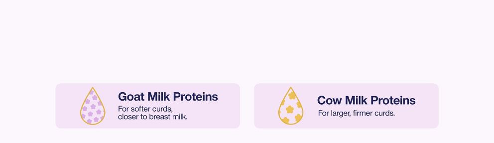 Goat Milk Proteins 
For softer curds, closer to breast milk.

Cow Milk Proteins
For larger, firmer curds.