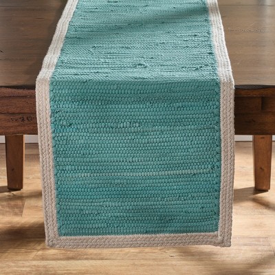 Sea Spray Aqua Cotton Table Runner with Cream Border, 15" x 72"