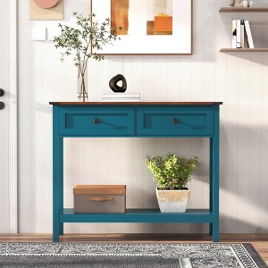 MOEPISY Farmhouse Style Console Table with 2 Drawer and Bottom Storage Shelf for Entryway(Pagoda Blue) - 1 of 4