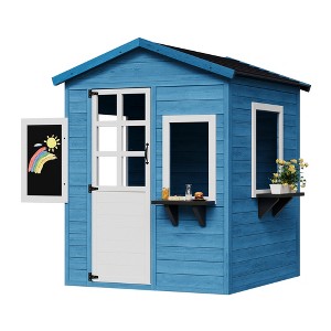 Wooden outdoor playhouse for children, complete with a blackboard, windows, and flower pot stand，modern farmhouse design，perfect for outdoor play. - 1 of 4