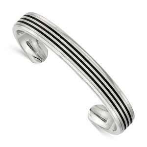 Black Bow Jewelry Men's 10mm Stainless Steel & Black Rubber Striped Cuff Bangle Bracelet - 1 of 4