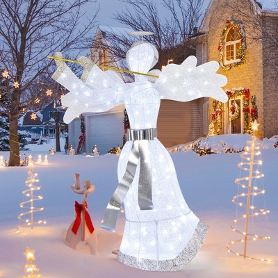 Angel Christmas Decoration Lighted Display Winter Crystal Angel Sculpture Yard Art Christmas Ornamental LED Garden Lighted Angel with Trumpet Outdoor Christmas Yard Decoration
