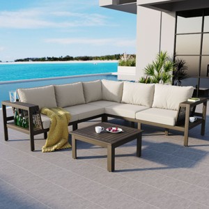 Outdoor 4-Pieces L-Shaped Sectional Sofa, Acacia Frame Sofa with Woven Mesh Armrests and Table, Sofa with Polyester Cushions–Cuddlewood - 1 of 4