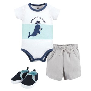 Hudson Baby Infant Boy Cotton Bodysuit, Shorts and Shoe Set, Underwater Whale - 1 of 4