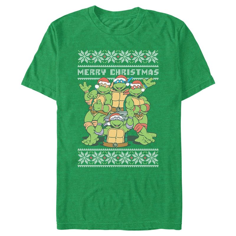 Men's Teenage Mutant Ninja Turtles Merry Ugly Christmas Sweater Print T-Shirt, 1 of 4