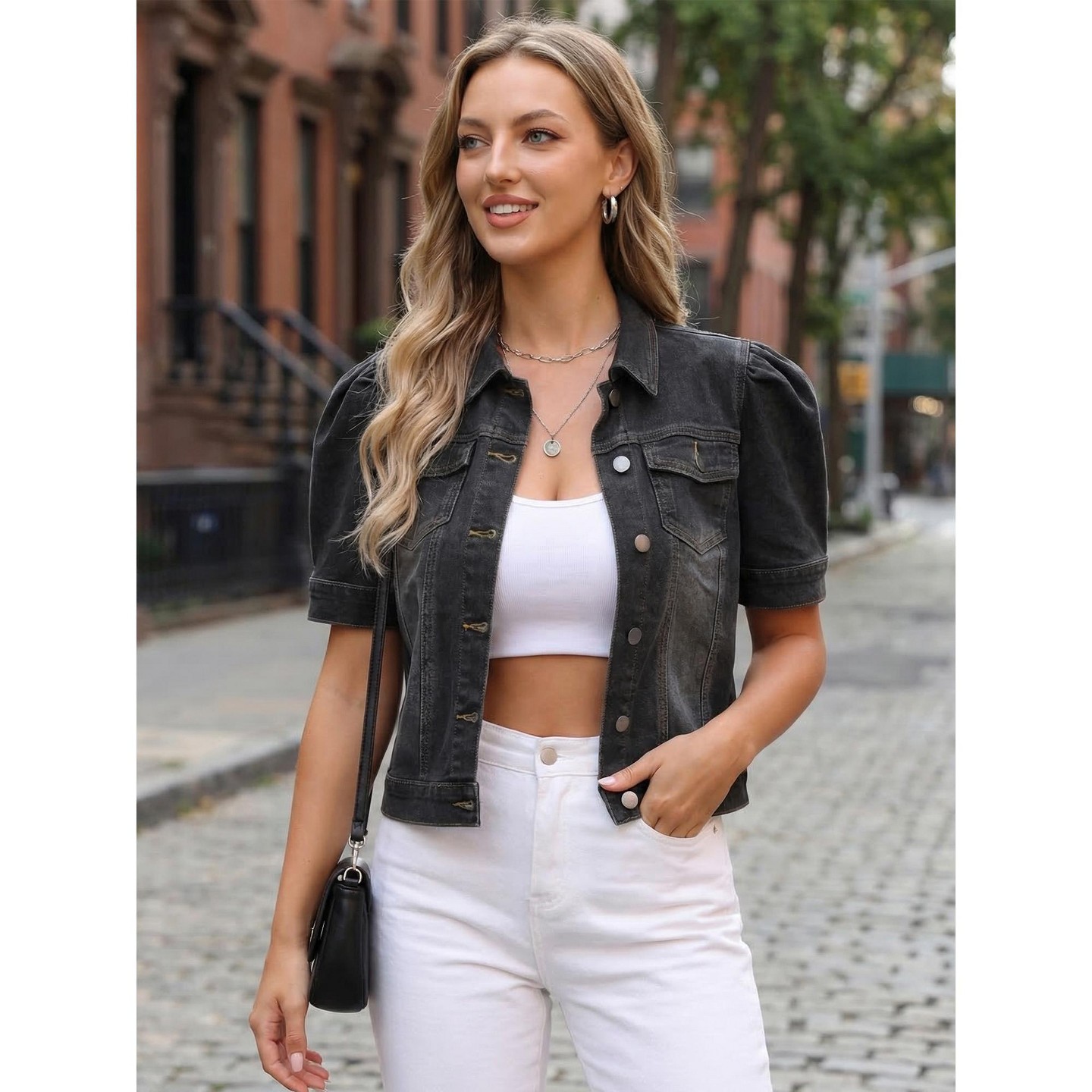 Женская куртка INSPIRE CHIC Casual Short Puff Sleeves Button Down Jean Denim Jacket Large Black, цвет: Джинсовый — фото 3