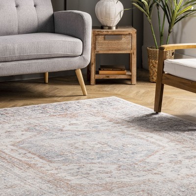 Gray Floral Synthetic 4' x 6' Washable Area Rug