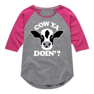 Girls' - Instant Message - Cow Ya Doin Shirt Tail Raglan Graphic T-shirt - 1 of 4