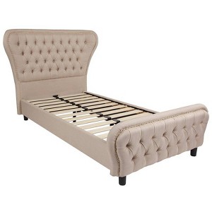 Transitional Cinched Tufted Upholstered Platform Bed with Accent Nail Trim Twin Beige - Riverstone Furniture Collection