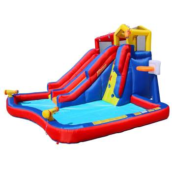 Banzai Twin Falls Kids Giant Outdoor Inflatable Dual Water Slide Splash Park with Climbing Wall, Water Cannons, and Basketball Hoop